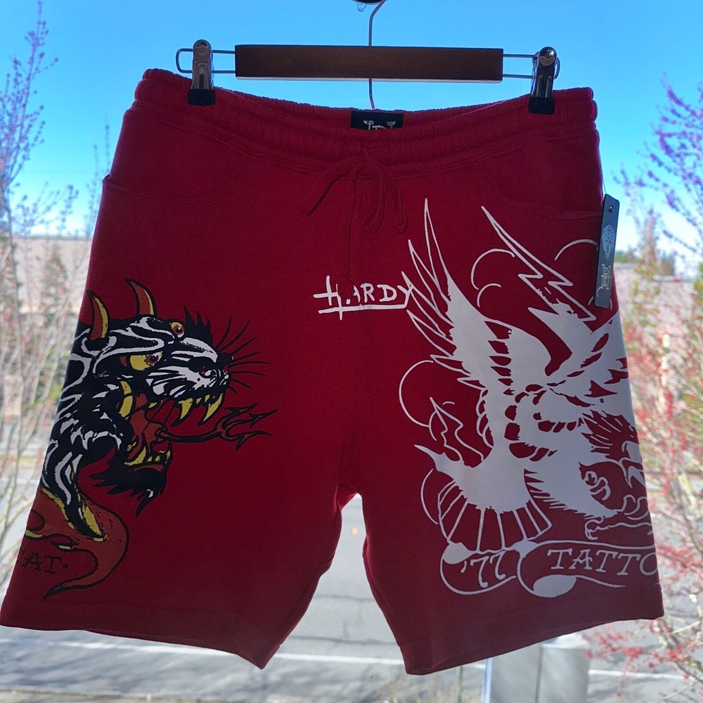 Ed Hardy Mens Shorts Medium Red Hellcat Tattoo Fleece Y2K NEW